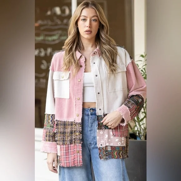 V1. ❤️NEW Pink Corduroy Patchwork Shacket/Jacket Blue Velvet New Item LAST ONE - Picture 3 of 3